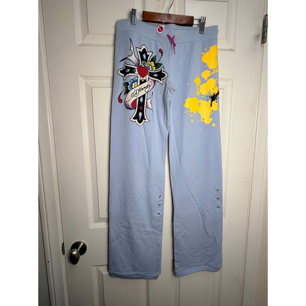 NWT Ed Hardy Intimates Roll-Up Sweatpants Blue Tattoo Cross Graphic Sm Y2K Rare
